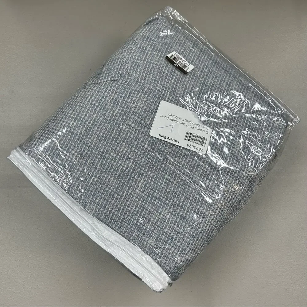 Pottery Barn European Flax Linen Waffle Duvet Cover Chambray Blue Full Queen NWT